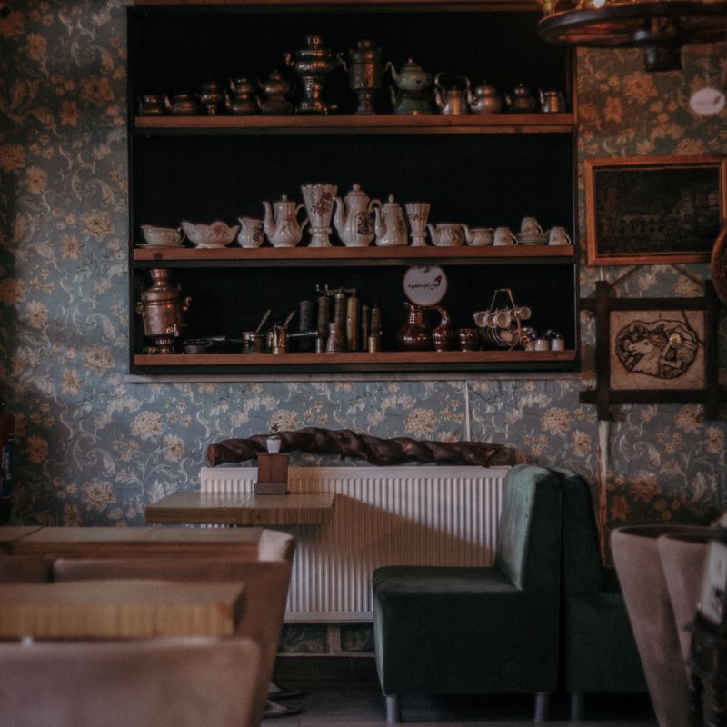Shelves of ceramics in the café